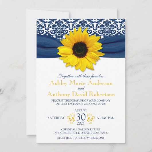 Yellow Sunflower Navy Blue Damask Ribbon Wedding Einladung (Vorderseite)