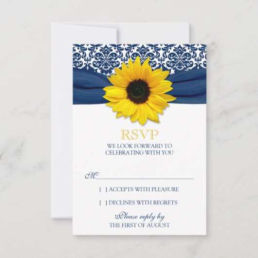 Yellow Sunflower Navy Damask Ribbon Wedding RSVP (Vorderseite)
