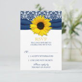 Yellow Sunflower Navy Damask Ribbon Wedding RSVP Karte (Stehend Vorderseite)