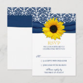 Yellow Sunflower Navy Damask Ribbon Wedding RSVP Karte (Vorne/Hinten)