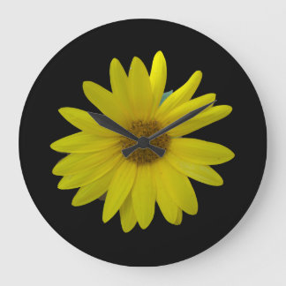 Yellow Sunflower on black background Große Wanduhr
