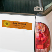 Yellow Sunflower on Orange Just Married Wedding Autoaufkleber (Auf Lkw)