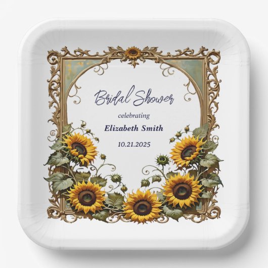 Yellow sunflower with art frame bridal shower pappteller (Vorderseite)