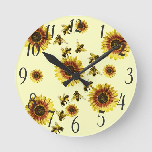 Yellow Sunflowers and Honey Bees Summer Pattern Runde Wanduhr (Vorderseite)