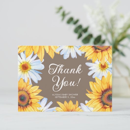 Yellow Sunflowers Daisies Baby Dusche Vielen Dank Dankeskarte (Stehend Vorderseite)
