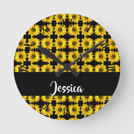Yellow sunflowers on black runde wanduhr (Vorderseite)