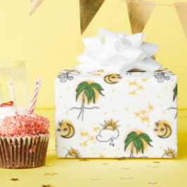 Yellow Suns Stars Moon Green Palm Scrapbook Paper Geschenkpapier