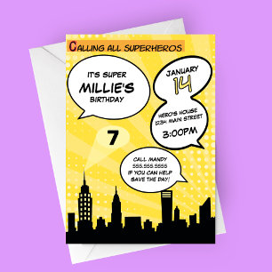 Yellow Superheros Comic Book Styling Birthday Part Einladung