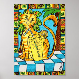 Yellow Tabby Cat & Glass of Lemonade Poster