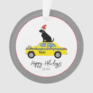 Yellow Taxi Cab Black Lab Happy Holidays Year Fun Ornament
