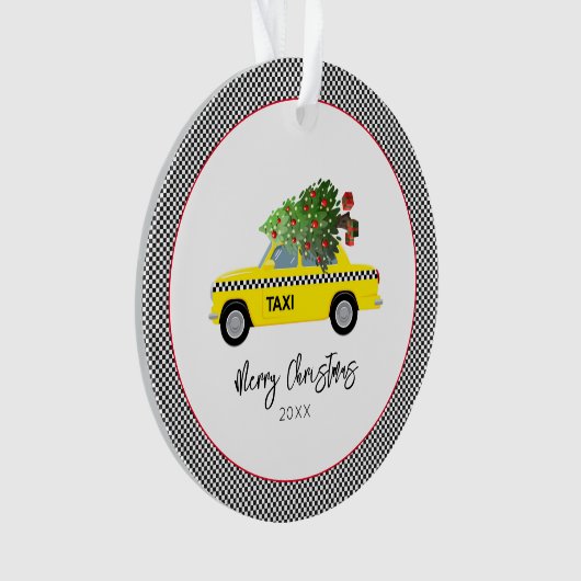 Yellow Taxi Cab Checkerboard Frohe Weihnachtsbaum Ornament (Vorderseite)