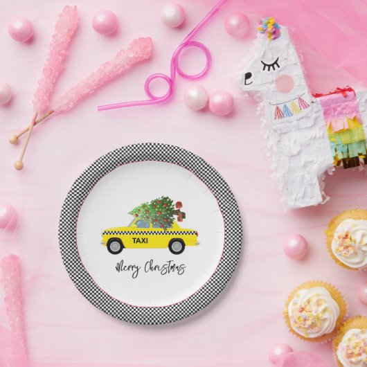 Yellow Taxi Cab Checkerboard Frohe Weihnachtsbaum Pappteller (Party)