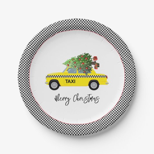 Yellow Taxi Cab Checkerboard Frohe Weihnachtsbaum Pappteller (Vorderseite)