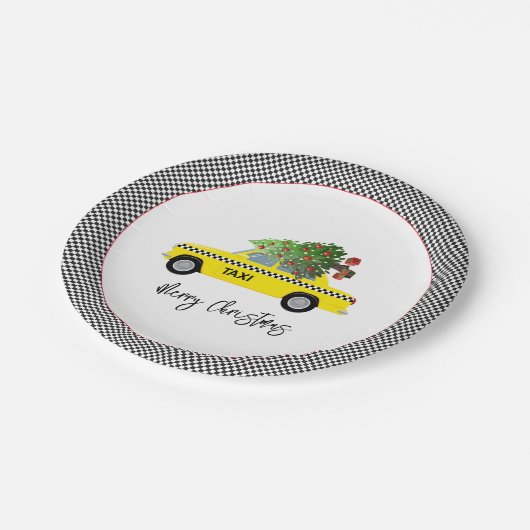 Yellow Taxi Cab Checkerboard Frohe Weihnachtsbaum Pappteller (Schrägansicht)