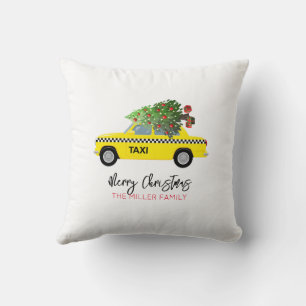 Yellow Taxi Cab MERRY CHRISTMAS Tree Familienname Kissen