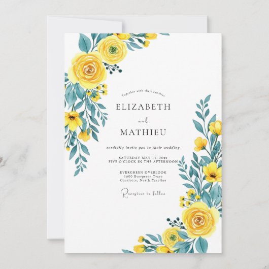 Yellow Teal Flourishing Spring Wedding Einladung (Vorderseite)