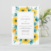 Yellow Teal Pristine Summer Wedding Einladung (Stehend Vorderseite)