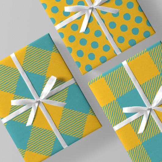 Yellow & Teal Squiggly Buffalo Plaid & Polka Dots Geschenkpapier Set