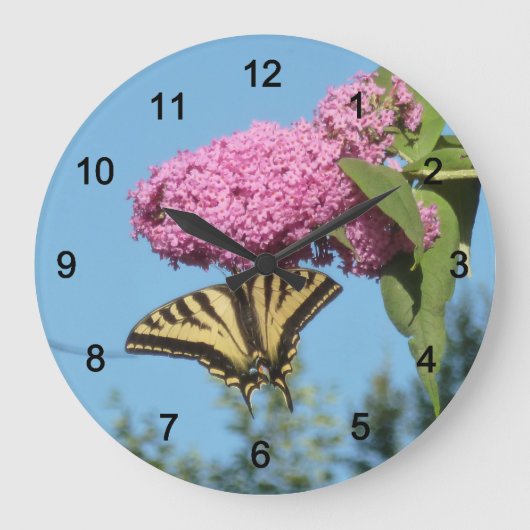 Yellow Tiger Frack auf Pink Butterfly Bush Fl Große Wanduhr (Vorderseite)