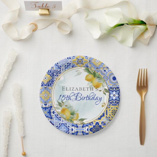 Yellow Tiles Lemons Citrus Gold Frame Pappteller (Hochzeit)