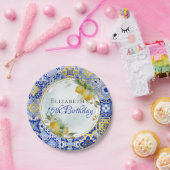 Yellow Tiles Lemons Citrus Gold Frame Pappteller (Party)