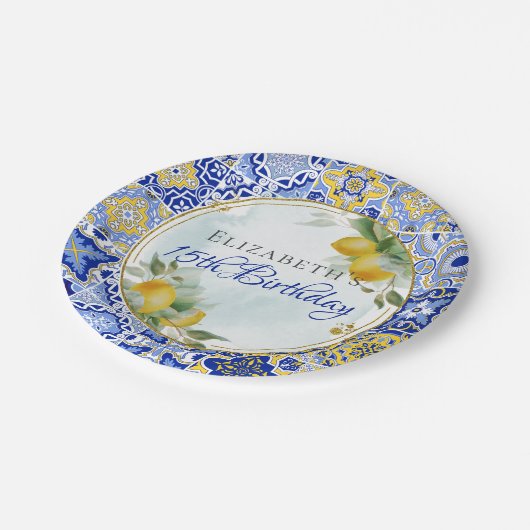 Yellow Tiles Lemons Citrus Gold Frame Pappteller (Schrägansicht)