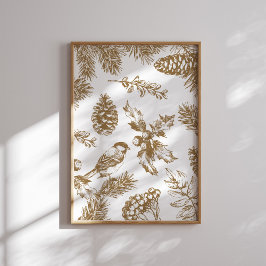 Yellow Toile Christmas Bird und Pine Poster