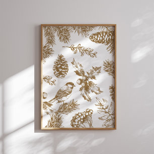 Yellow Toile Christmas Bird und Pine Poster