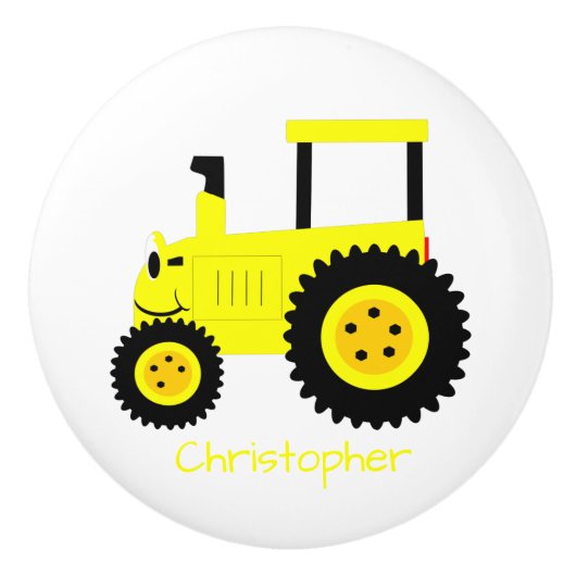 Yellow Tractor Design Personalised Keramikknauf (Vorderseite)