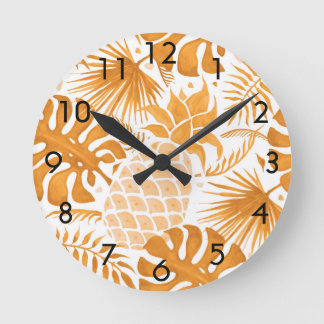Yellow tropical pineapple golden white botanical runde wanduhr