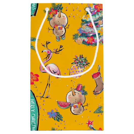 Yellow Tropical Santa Gift Bag Kleine Geschenktüte (Rückseite)