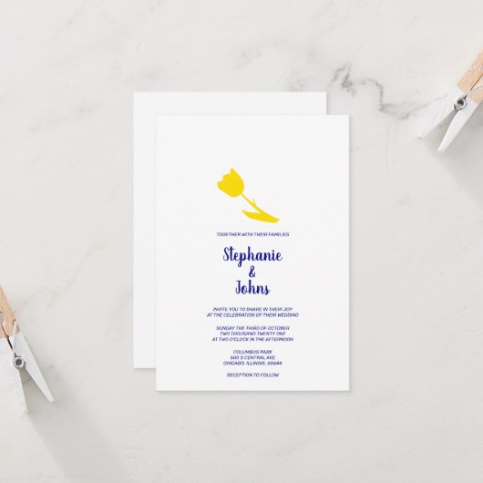 Yellow Tulip Floral Navy Hübsche Hochzeit Einladung (Vorderseite/Rückseite Beispiel)
