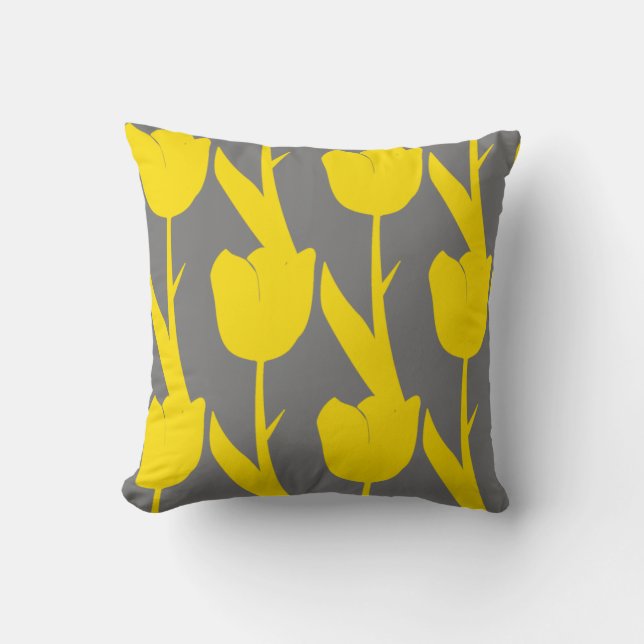 Yellow Tulips Gold Floral Blume Muster Grau Kissen (Vorderseite)