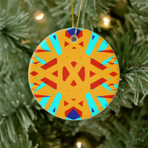 Yellow Turquoise Blue Geometric Art Deco Festive Keramik Ornament