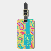 Yellow Turquoise Modern Pasley Pattern Monogram Gepäckanhänger (Vorderseite vertikal)