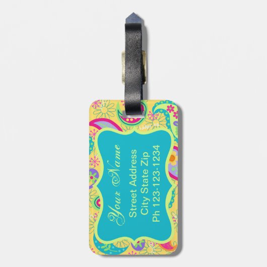 Yellow Turquoise Modern Pasley Pattern Monogram Gepäckanhänger (Rückseite vertikal)