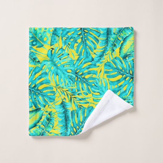 Yellow & Turquoise Tropical Palm Blätter Island Badhandtuch Set (Waschlappen)