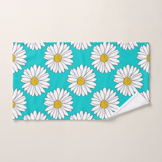 Yellow Turquoise White Daisy Pattern Badhandtuch Set (Handtuch)