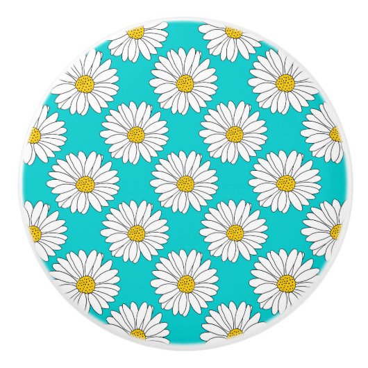 Yellow Turquoise White Daisy Pattern Keramikknauf (Vorderseite)