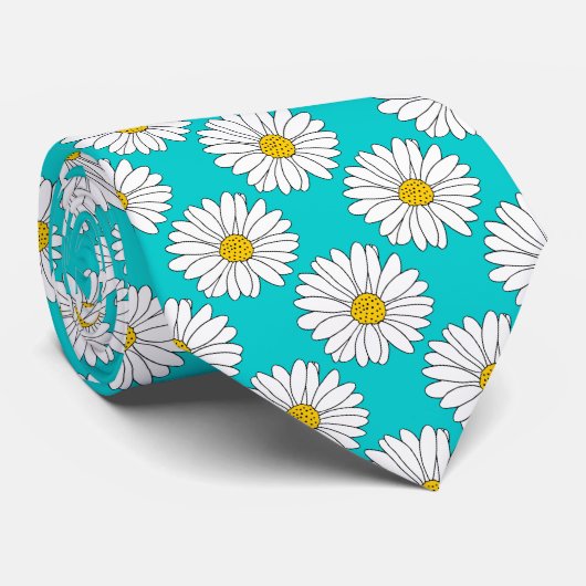 Yellow Turquoise White Daisy Pattern Krawatte (Gerollt)