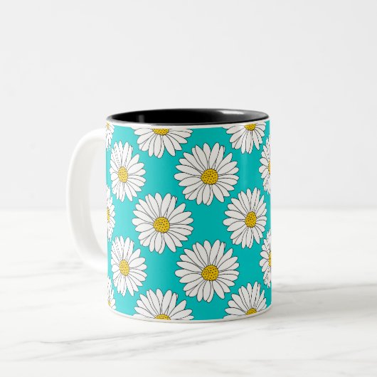 Yellow Turquoise White Daisy Pattern Zweifarbige Tasse (Vorderseite Links)