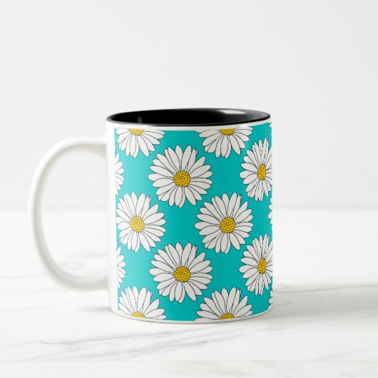 Yellow Turquoise White Daisy Pattern Zweifarbige Tasse (Links)