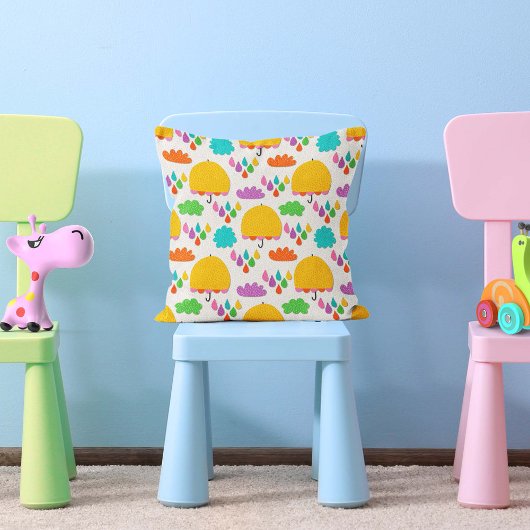 Yellow Umbrellas with Clouds and Raindrops Kissen