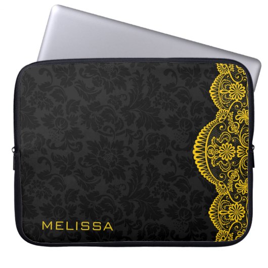 Yellow Vintag Lace Black Damask Laptopschutzhülle (Vorderseite)