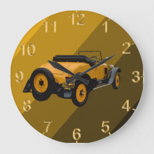 Yellow Vintage Convertible Car, Lge Wall Clock Große Wanduhr