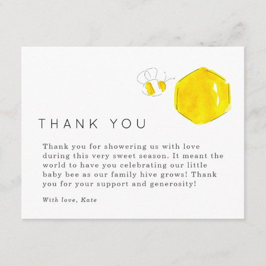 Yellow Watercolor Bee Baby Dusche Danke Begleitkarte (Vorderseite)