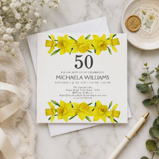 Yellow Watercolor Daffodil 50. Geburtstagsparty Einladung