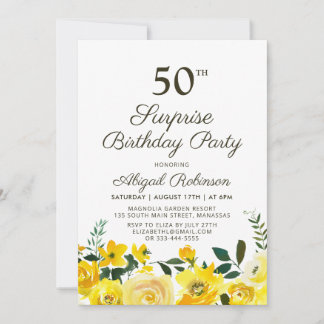 Yellow Watercolor Floral 50. Geburtstag Einladung