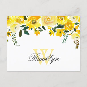Yellow Watercolor Floral Mit Monogramm Danke Postkarte