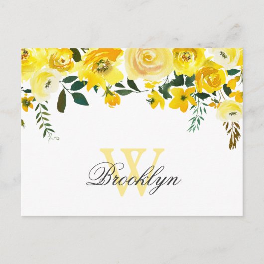 Yellow Watercolor Floral Mit Monogramm Danke Postkarte (Vorderseite)